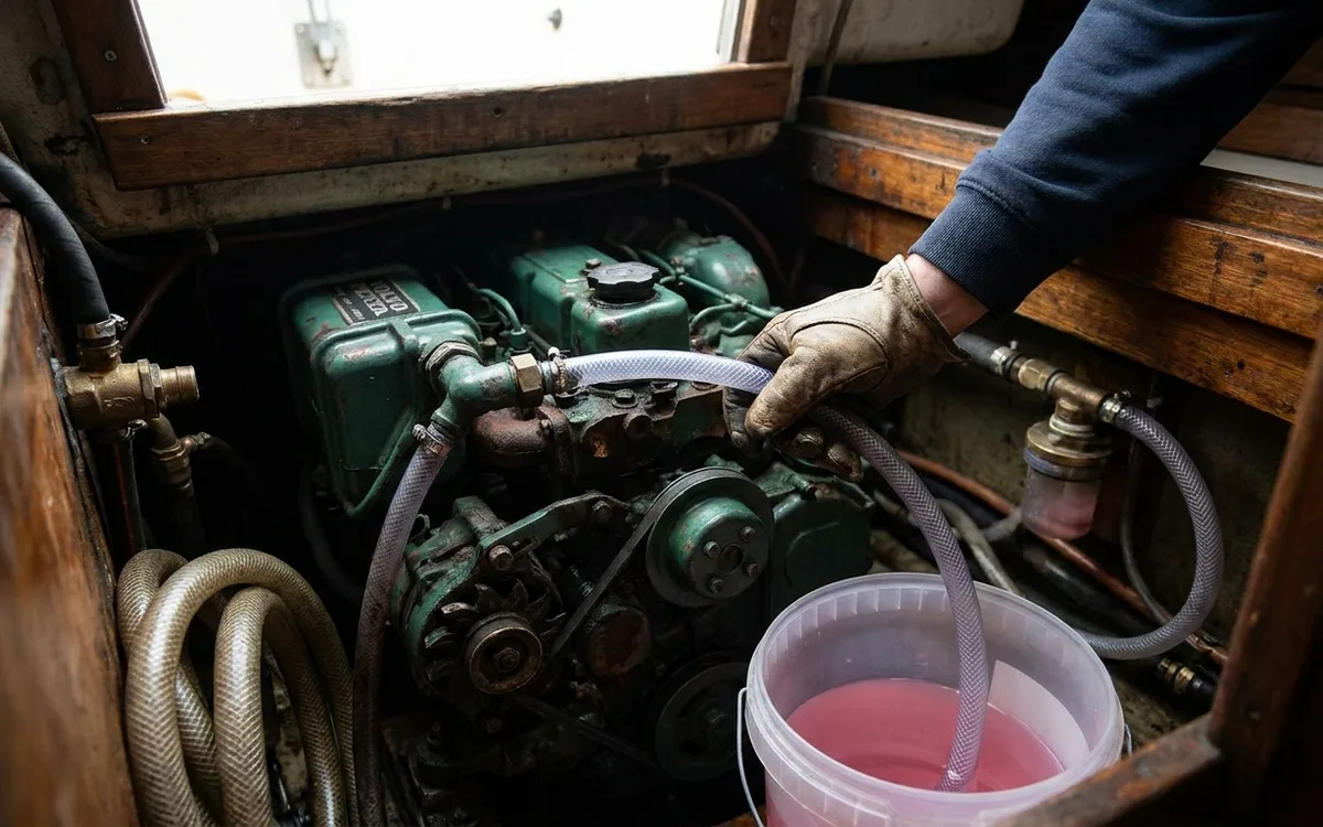 A hose feeds antifreeze to the raw-water intake beside the Monsun 31’s diesel engine.