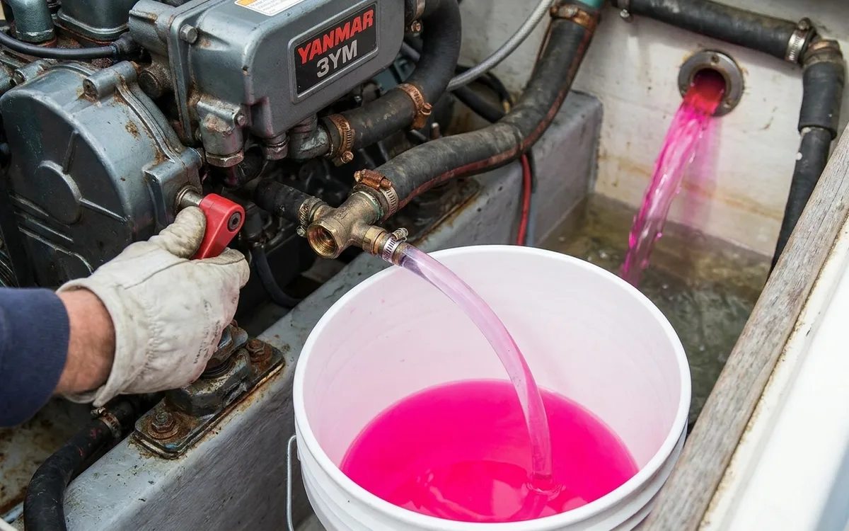 Hands feed antifreeze through the Yanmar raw-water hose until it exits the transom exhaust.