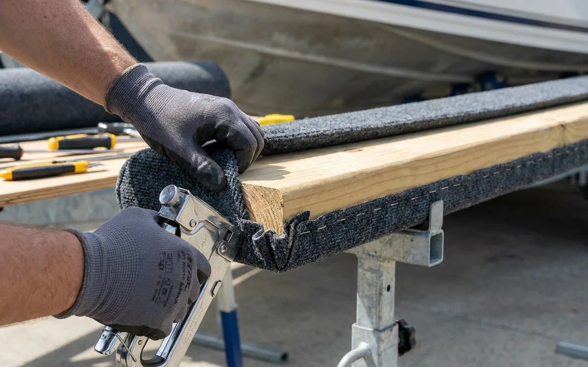 Hands staple marine bunk carpet to a rounded timber trailer bunk, keeping fasteners underneath.