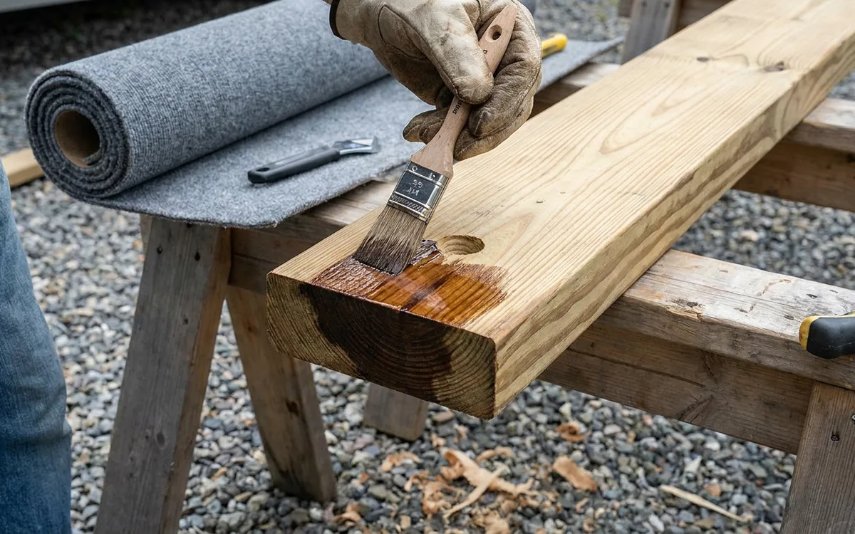 Gloved hands brush end-grain preservative into a drilled hole in a pressure-treated pine trailer bunk.