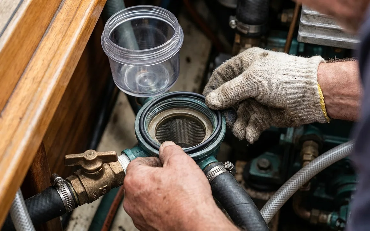 Hands seat the raw-water strainer gasket evenly and tighten its lid with the intake seacock closed.
