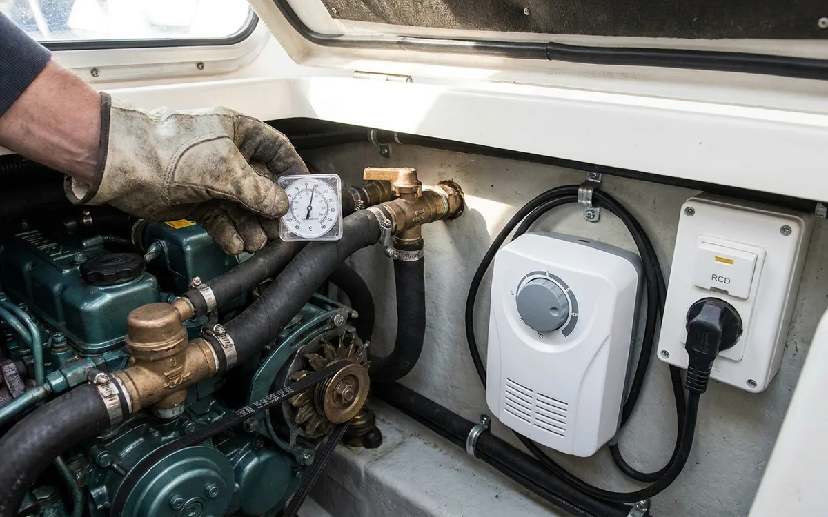 A hand checks a minimum-temperature thermometer beside engine plumbing while a frost guard is set to 5°C.