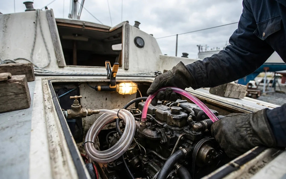 Gloved hands winterising a boat engine by flushing its cooling circuit with antifreeze.